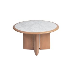 Napoli round dining table with marble top and light oak wood frame, ideal for modern interiors.
