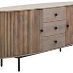 VALMONT Mango Wood Sideboard – Grey mango wood sideboard with three drawers, two doors, and black metal handles.