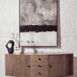 VALMONT Mango Wood Sideboard – Grey mango wood sideboard with three drawers, two doors, and black metal handles.