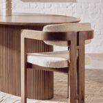 VALMONT Mango Wood Dining Chair – Grey mango wood chair with cream boucle upholstery and modern open-back design.