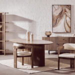 VALMONT Mango Wood Dining Chair – Grey mango wood chair with cream boucle upholstery and modern open-back design.