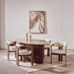 VALMONT Mango Wood Dining Chair – Grey mango wood chair with cream boucle upholstery and modern open-back design.