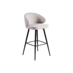 Sand-coloured upholstered barstool with curved backrest and black metal legs for stylish and comfortable high seating.