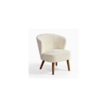 Ivory upholstered low armchair with natural wood legs and a wraparound backrest for added comfort and support.