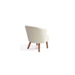 Ivory upholstered low armchair with natural wood legs and a wraparound backrest for added comfort and support.
