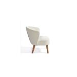Ivory upholstered low armchair with natural wood legs and a wraparound backrest for added comfort and support.