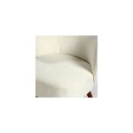 Ivory upholstered low armchair with natural wood legs and a wraparound backrest for added comfort and support.
