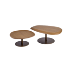 CHICAGO natural oak coffee table set with irregular shapes and golden metal legs.