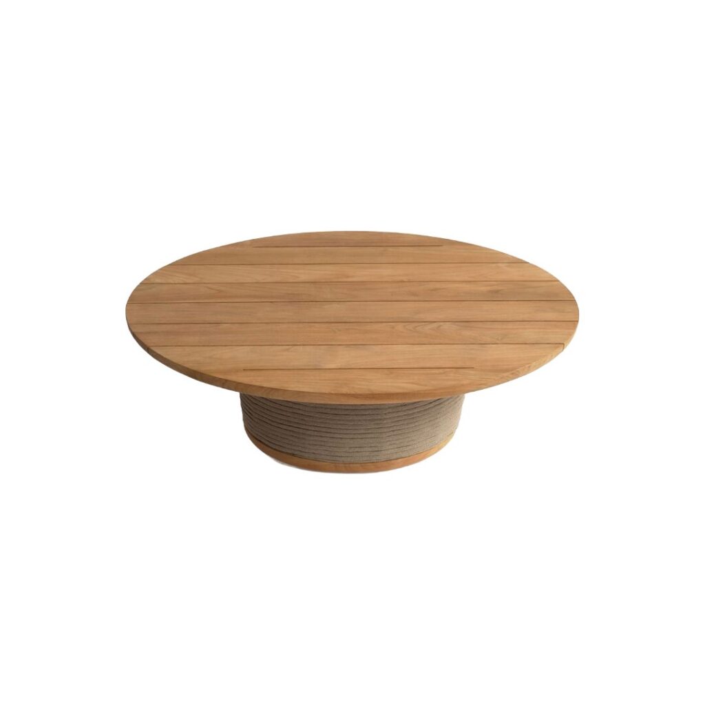 Round outdoor coffee table with teak wood top and natural rope base, ideal for elegant patios, gardens, or terraces.