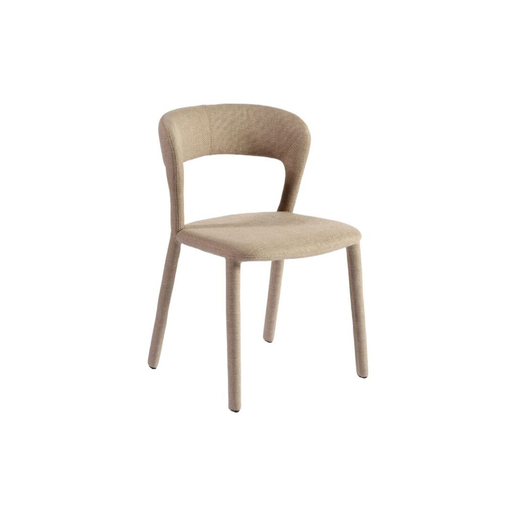 Taupe upholstered dining chair with curved backrest and minimalist design, perfect for modern or transitional dining spaces.