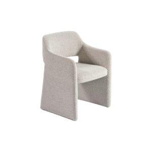 Modern dining chair upholstered in greyish bouclé fabric with a curved, architectural design and integrated arms.