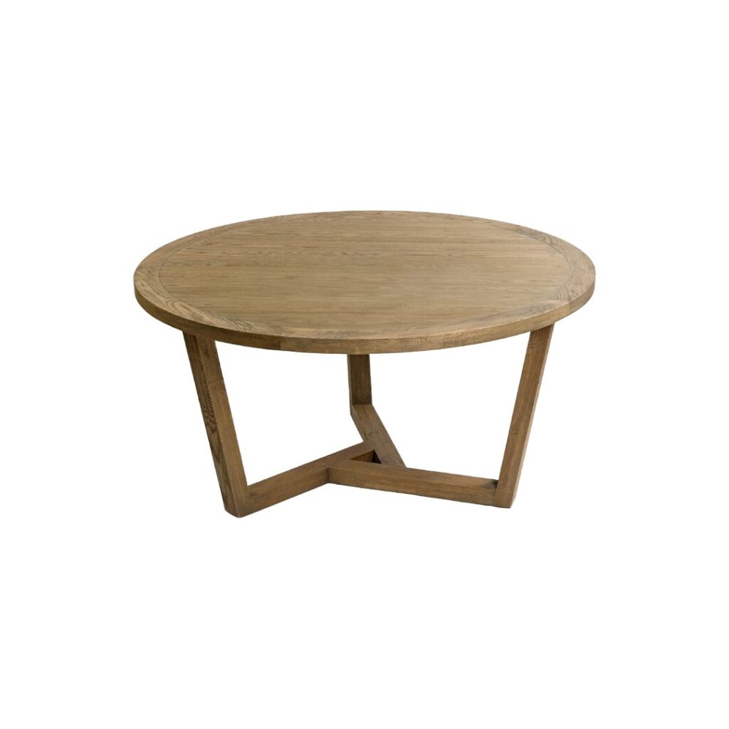 ELMA Oak Dining Table with round oak top and interlocking geometric base, featuring natural wood finish and spacious design for modern dining rooms.