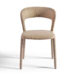 Taupe upholstered dining chair with curved backrest and minimalist design, perfect for modern or transitional dining spaces.