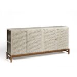 Greyish white oak sideboard with shutter doors, glass side panels, and antique gold metal legs – stylish living room or dining room storage unit.