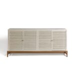 Greyish white oak sideboard with shutter doors, glass side panels, and antique gold metal legs – stylish living room or dining room storage unit.