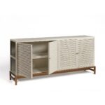 Greyish white oak sideboard with shutter doors, glass side panels, and antique gold metal legs – stylish living room or dining room storage unit.