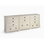 Large wooden sideboard with 11 drawers in a white oak finish and dark metal handles, ideal for living or dining rooms.