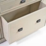 Large wooden sideboard with 11 drawers in a white oak finish and dark metal handles, ideal for living or dining rooms.
