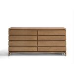 Eight-drawer oak chest with minimalist design and antique gold metal legs, made from FSC-certified natural wood for contemporary interiors.