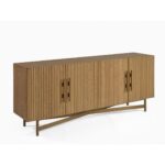 Natural oak sideboard with slatted wood doors, gold metal base, and modern storage design.