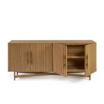 Natural oak sideboard with slatted wood doors, gold metal base, and modern storage design.