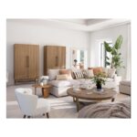 Tall oak cabinet with slatted wooden doors, gold metal base and handles, modern storage solution in natural finish.