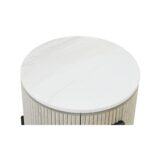 Round greyish-white oak side table with white stone top, black metal legs, and a storage drawer—modern and minimal bedside table design.