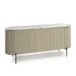Greyish-white oak sideboard with white stone top, slatted wood door detailing, and black metal legs—sophisticated storage furniture for modern interiors.