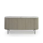 Greyish-white oak sideboard with white stone top, slatted wood door detailing, and black metal legs—sophisticated storage furniture for modern interiors.