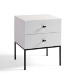 ROMA White Bedside Table with white oak finish and black metal legs—modern nightstand with minimalist style and practical storage.