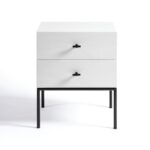 ROMA White Bedside Table with white oak finish and black metal legs—modern nightstand with minimalist style and practical storage.