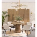 Round oak dining table with sculptural weaved pedestal base, made from natural oak wood with a distinctive design ideal for stylish dining rooms.