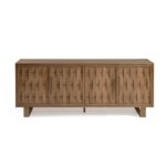 Natural oak wood sideboard with four sculpted relief doors and aged gold metal legs, offering elegant storage for living or dining spaces.