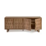 Natural oak wood sideboard with four sculpted relief doors and aged gold metal legs, offering elegant storage for living or dining spaces.