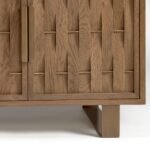 Natural oak wood sideboard with four sculpted relief doors and aged gold metal legs, offering elegant storage for living or dining spaces.