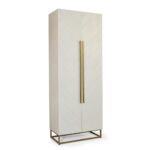 Minimalist greyish white oak wardrobe with oblique door detailing and aged gold metal legs – modern storage cabinet with rail and shelving.