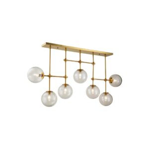 Elegant chandelier with antique gold frame and seven glass globes, perfect for modern dining rooms or statement ceilings.