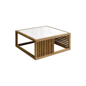 Oak coffee table with white marble top and tempered glass details, featuring slatted wood sides and modern open design.