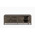 Grey oak display cabinet with glass doors and black metal frame – Valmari Collection
