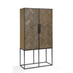 Pine wood cabinet with herringbone pattern and black metal base – Lhae