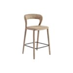 Modern taupe upholstered barstool with curved backrest and black metal footrest, ideal for kitchen islands and bar counters.