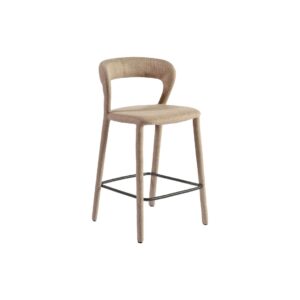 Modern taupe upholstered barstool with curved backrest and black metal footrest, ideal for kitchen islands and bar counters.