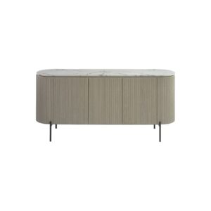 Greyish-white oak sideboard with white stone top, slatted wood door detailing, and black metal legs—sophisticated storage furniture for modern interiors.