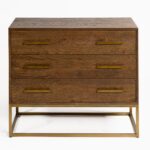 Modern oak chest of drawers with rose gold metal base and handles – PHILLIPE dresser in dark wood finish.