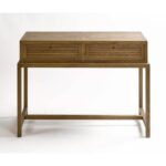 Natural oak console table with two drawers featuring persianilla-style fronts and wooden base, ideal for hallways and modern interiors.