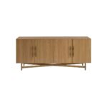 Natural oak sideboard with slatted wood doors, gold metal base, and modern storage design.