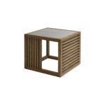 Natural oak side table with tempered glass top and slatted wood sides, designed for light-filled modern living spaces.