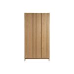 Natural oak three-door wardrobe with minimalist design and gold metal base, featuring four internal shelves for organized bedroom storage.
