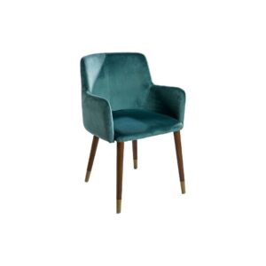 Elegant peacock blue velvet armchair with curved backrest, padded seat, and wooden legs with metallic inserts, designed for modern interiors.