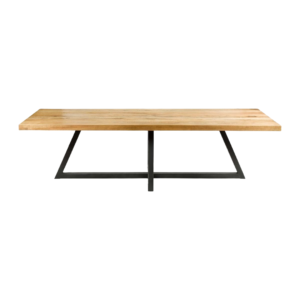 DIAGO oak dining table with textured oak top and black central metal base.